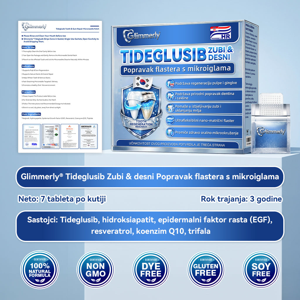 Glimmerly®🦷 Tideglusib Flaster s mikroiglicama za popravak zuba i desni 💳 Plaćanje pouzećem (Obnavlja caklinu i dentin • Jača desni • Uklanja kamenac i neugodan miris • Smanjuje osjetljivost zuba) 🍋